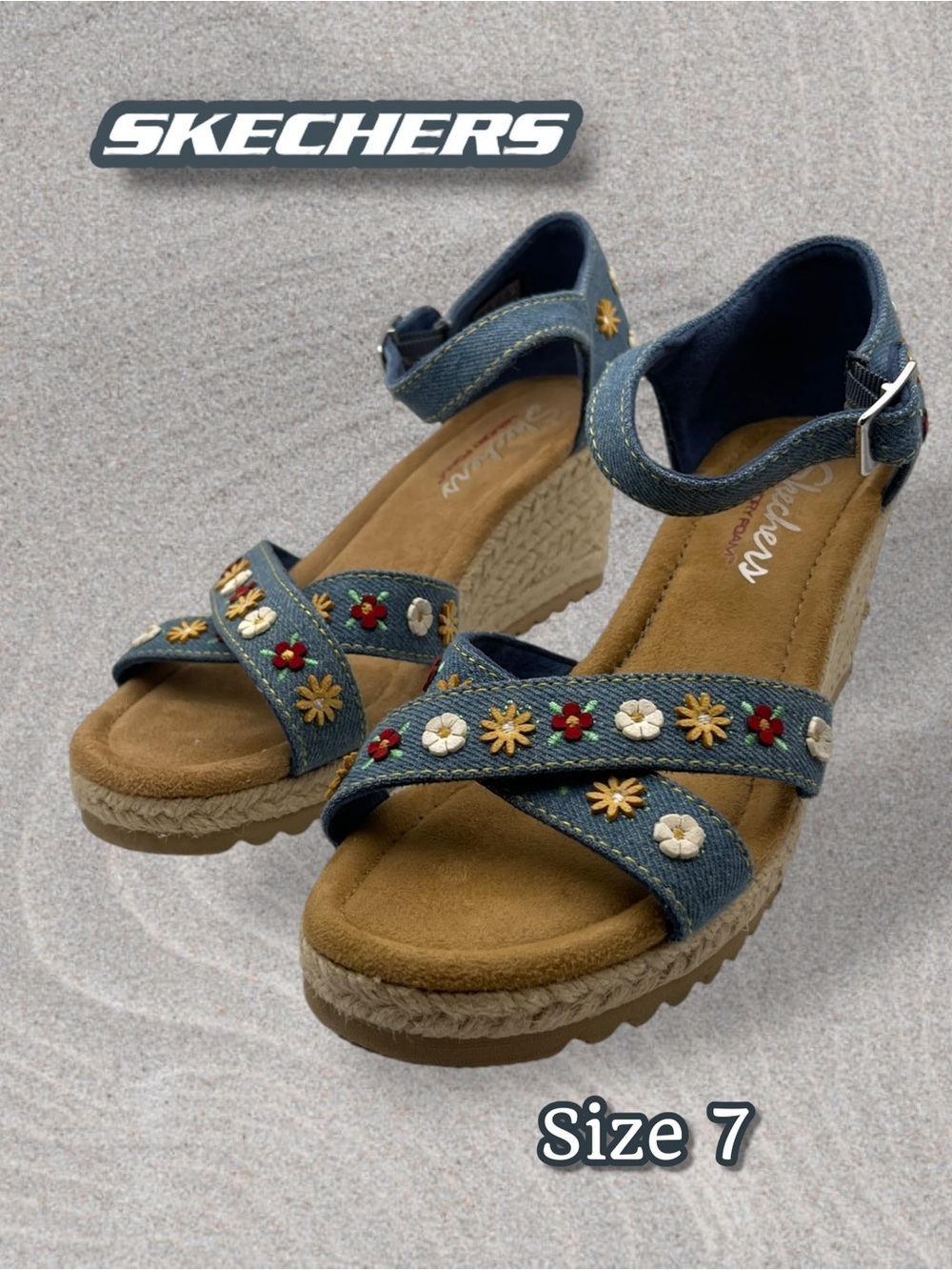 Skechers Cali Monarchs Cali Fever Denim Embroidered Wedge Sandals Size 7